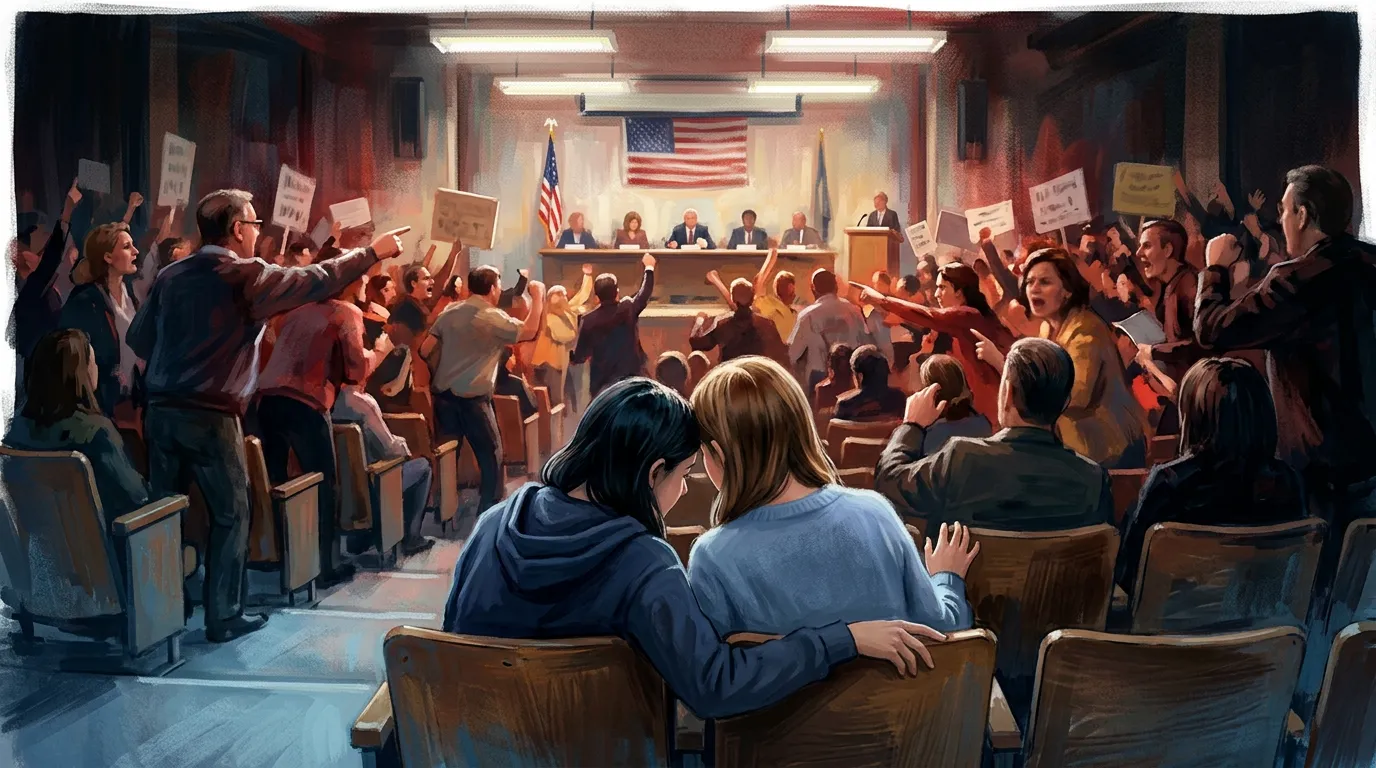 Image of two friends watching a raucous school board meeting